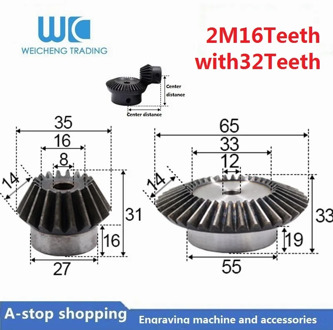 2pcs 1:2 Bevel Gear 2 Modulus 16 Teeth hole 8mm+ 32 teeth Inner Hole 12mm 90 Degree Drive Commutation Steel Gears
