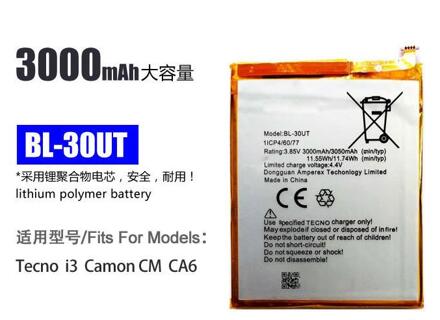 2Pcs/3000Mah 3.85V Batterij Voor Tecno BL-30UT Mobiele Telefoon Batterie Bateria Vervangen Onderdelen