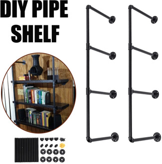 2Pcs 4 Tier DIY Industrial Retro Bookshelf Wall Mounted Storage Shelves Bracket Iron Pipe Shelf for Home Decor Kitchen Kids Room