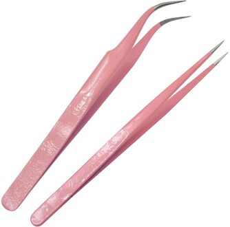 2Pcs Anti Zuur Rvs Gebogen Rechte Pincet Nipper Wimper Extension Roze Picking Tool Nail Make Up Gereedschap JIe311