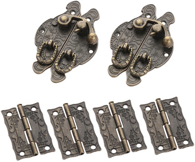 2Pcs Antique Bronze Padlock Lock Jewelry Wood Box Toggle Hasp Latch Clasp + 4Pcs Furniture Cabinet Hinges Vintage Hardware