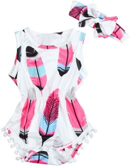 2Pcs Baby Kids Baby Meisjes Mouwloze Veer Afdrukken Romper Jumpsuit + Hoofdband Sets Mouwloze Baby Romper Outfits Kleding 24M