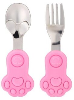2Pcs Baby Lepel Vork Set Siliconen Voeden Lepel Kids Bestek Korte Handvat Kinderen Servies Training Roestvrij Staal Vork Lepel roze