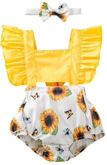2Pcs Baby Meisjes Katoenen Kleding Set, kinderen Kids Meisjes Zomer Sweet Leuke Zonnebloem Print Vierkante Hals Fly Mouw Romper + Hoofdband 80
