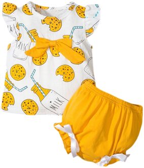 2Pcs Baby Meisjes Kleding Zomer Cookies Drinken Afdrukken Ronde Kraag Fly Mouw Top + Driehoek Lace Shorts 9m