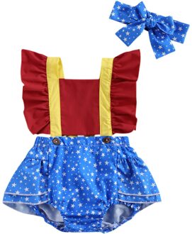 2Pcs Baby Meisjes Zomer Kleding Ruche Mouw Star Print Romper Bodysuit Met Hoofdband Set 24M
