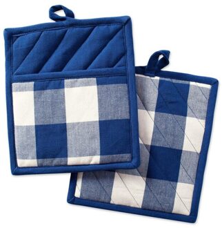 2Pcs Buffalo Check Pot Houders Katoen Potholders Buffalo Plaid Doek Handschoenen Pocket Set Keuken Collectie Check Plaid Set blauw wit