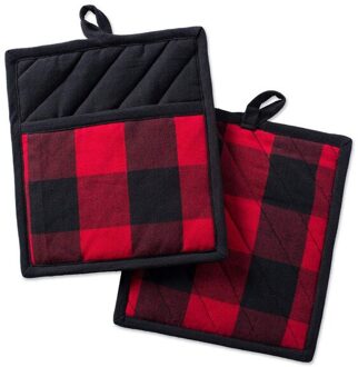 2Pcs Buffalo Check Pot Houders Katoen Potholders Buffalo Plaid Doek Handschoenen Pocket Set Keuken Collectie Check Plaid Set rood zwart