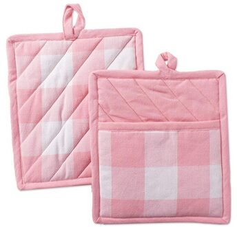 2Pcs Buffalo Check Pot Houders Katoen Potholders Buffalo Plaid Doek Handschoenen Pocket Set Keuken Collectie Check Plaid Set roze wit