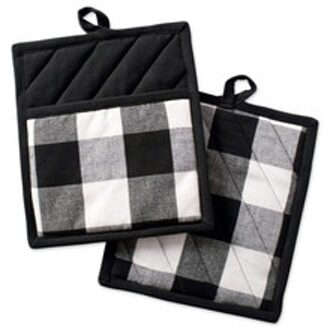 2Pcs Buffalo Check Pot Houders Katoen Potholders Buffalo Plaid Doek Handschoenen Pocket Set Keuken Collectie Check Plaid Set zwart wit
