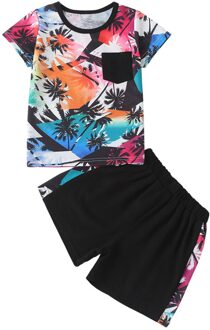 2Pcs Casual Trainingspakken Kids Jongens Katoenen Zomer Sport Past Sportkleding Kleurrijke Korte Mouw Print T-shirt En Shorts Kleding Set 110