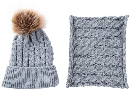 2Pcs Cute Kid Meisje Jongen Zuigeling Winter Warm Haak Muts Beanie Cap + Sjaal Twee stuk set grijs