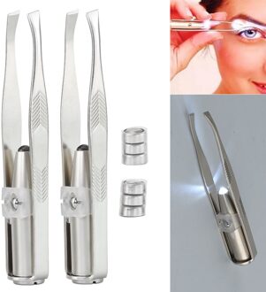 2Pcs Draagbare Pincet Met Led Zaklamp Rvs Eyebrownose Ontharing Tweezer Led Licht Makeup Tools Voor Vrouwen Mannen