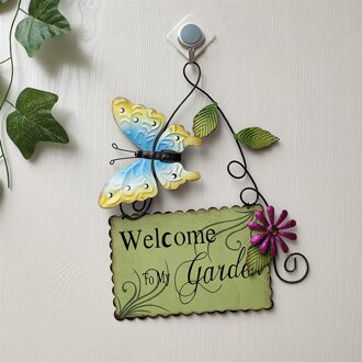2Pcs Geschilderd Vlinder Deur Teken Hanger Smeedijzeren Glas Bloem Doorplate Ornamenten Hek Muur Opknoping Decoratie Tuin Thuis