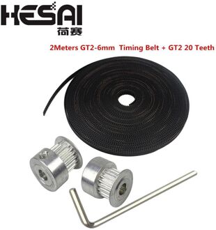 2Pcs GT2 20 tanden 20 Tanden Boring 5mm Timing Alumium Katrol + 2Meter Rubber GT2-6mm Open Timing riem Breedte 6mm voor 3D Printer