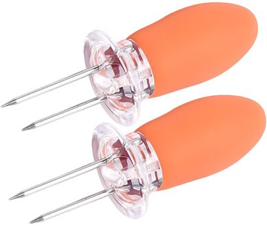 2Pcs Maïs Spies Barbeque Maïs Vork Rvs Bbq Spies Met Siliconen Handgrepen oranje