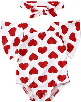 2Pcs Newborn Baby Girl Valentine's Day Romper Heart Print Bodysuit Headband Short Sleeve Summer Outfits 2 Colors A / 12m