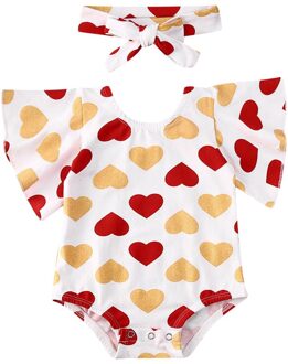 2Pcs Newborn Baby Girl Valentine's Day Romper Heart Print Bodysuit Headband Short Sleeve Summer Outfits 2 Colors B / 18m