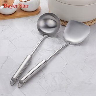 2PCS Roestvrij Staal Kookgerei Anti-Slip Handvat Europese Spatel Pollepel Lepel Sets Soep Pollepel Milieuvriendelijke Spatel Keuken Turner zilver