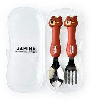 2Pcs Servies Cartoon Baby Lepels Kids Lepel En Vork Set Rvs Leuke Vork Lepel Kids Vork Baby Gadgets baby Lepel Set bruin