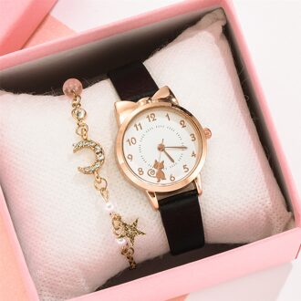 2Pcs Set Retro Bruin Vrouwen Horloges Kwaliteiten Kleine Dames Horloges Vintage Lederen Armband Horloge Mode Vrouwelijke Klok zwart