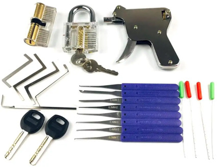 2PCS Transparent Lock with Lock Tool Gun,12pcs Broken Key Remove Picking Tool Tension Tool,Best Locksmith Tools Practice PickSet