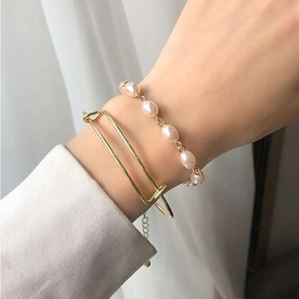 2Pcs Trendy Imitatie Parel Armbanden Armbanden Voor Vrouwen Meisjes Multilayer Goud Metalen Armband Sieraden