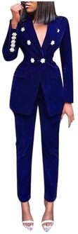 2Pcs Vrouwen Blazer Set Winter Elegante Werkkleding Offic Dame V-hals Lange Mouw Lange Broek Pak Solid Button Tops + Broek Set Blauw / S