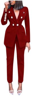 2Pcs Vrouwen Blazer Set Winter Elegante Werkkleding Offic Dame V-hals Lange Mouw Lange Broek Pak Solid Button Tops + Broek Set Rood / S