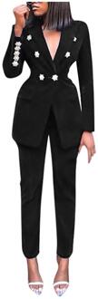 2Pcs Vrouwen Blazer Set Winter Elegante Werkkleding Offic Dame V-hals Lange Mouw Lange Broek Pak Solid Button Tops + Broek Set zwart / L