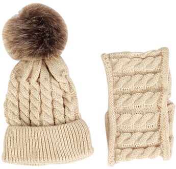 2Pcs Warme Muts Sjaal Set Halsdoek Wollen Garen Outfit Gestreepte Gebreide Zachte Dagelijkse Baby Kids Unisex Herfst Winter leuke Beige