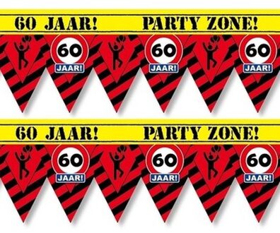 2x 60 jaar party tape/markeerlinten waarschuwing 12 meter - Verjaardag afzetlinten/markeerlinten feestartikelen