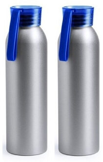 2x Aluminium drinkfles/waterfles met blauwe dop 650 ml - Drinkflessen