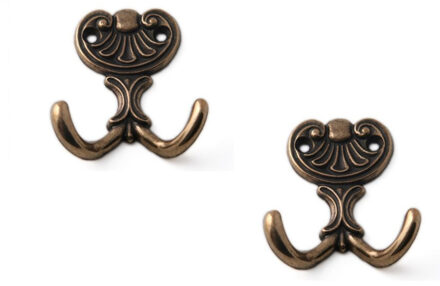 2x Antiek bronzen garderobe haakjes / jashaken / kapstokhaakjes zamac dubbele haak 6,5 x 5,8 cm - Kapstokhaken Bruin