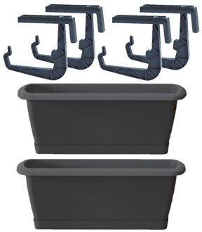 2x Antraciet grijze balkon reling bakken/bloempotten 59 cm met 4x ophangbeugels - Plantenbakken Grijs