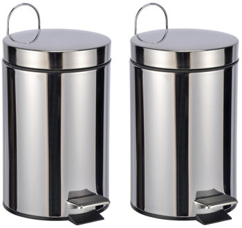 2x Badkamer/toilet pedaalemmers RVS 23 cm 3 liter - Pedaalemmers Zilverkleurig