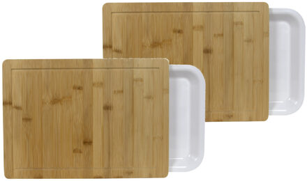 2x Bamboe snij/serveerplanken met kunststof opvangbak 38 x 26 cm rechthoekig - Snijplanken Bruin