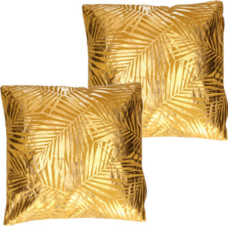 2x Bank/sier kussens voor binnen palmen print Oker goud 40 x 40 x 11 cm - Sierkussens Goudkleurig