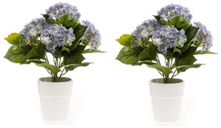 2x Blauwe kunstplant Hortensia plant in pot - Kunstplanten