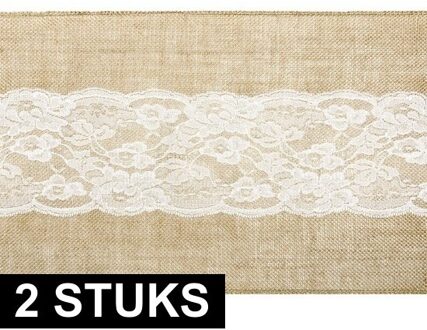 2x Bruiloft/huwelijk jute tafellopers 28 x 275 cm met wit kant