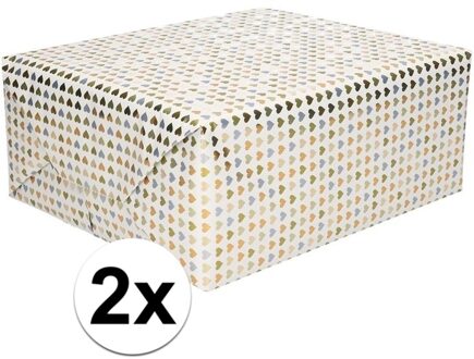 2x Cadeaupapier met gouden hartjes opdruk 70 x 150 cm - Cadeaupapier