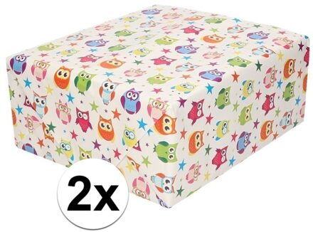 2x Cadeaupapier wit met gekleurde uiltjes 200 cm per rol - Cadeaupapier