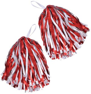 2x Cheerballs/Pompoms in het rood/wit - Verkleedattributen