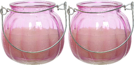 2x citronella kaarsen in glas - 15 branduren - D8 x H8 cm - roze - geurkaarsen