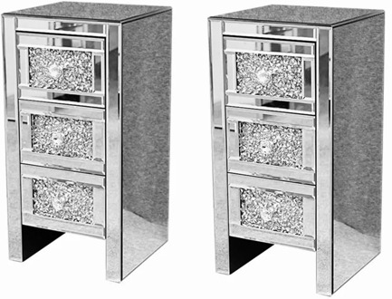 2X Crystal Mirrored Bedside Cabinet Bedside Table Chest of 3 Drawers Glass Panels Bedroom Furniture