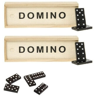 2x Domino spellen in houten kistje 28 steentjes