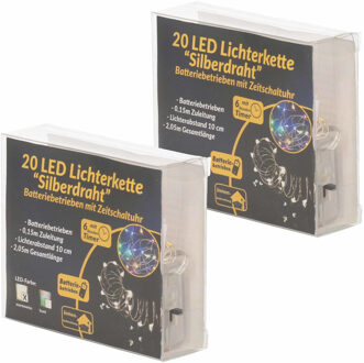 2x Draadverlichting zilver met warm witte LED lampjes 2 meter op batterijen met timer - Lichtsnoeren