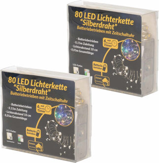 2x Draadverlichting zilver met warm witte LED lampjes 8 meter op batterijen met timer - Lichtsnoeren