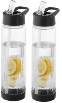 2x Drinkflessen/waterflessen tranparant met zwart fruit filter 740 ml - Drinkflessen Transparant