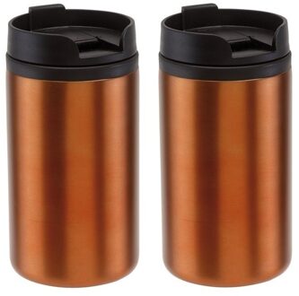 2x Dubbelwandige thermobekers metallic oranje 290 ml - Thermosbeker